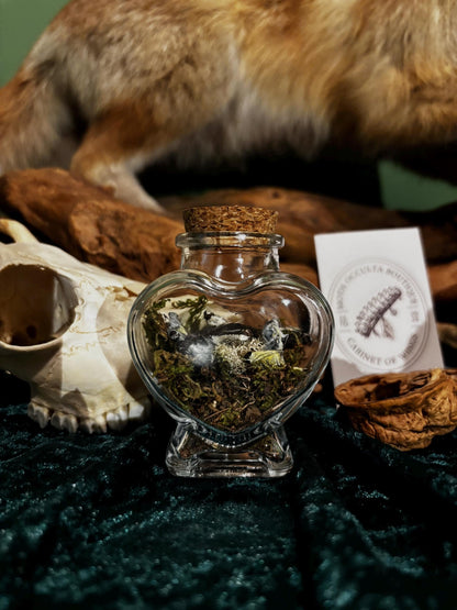 Heart-shaped glass bottle with butterfly wings and moss