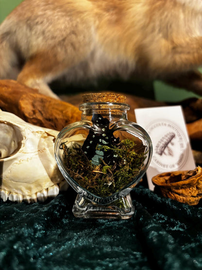 Heart-shaped glass bottle with butterfly wings and moss
